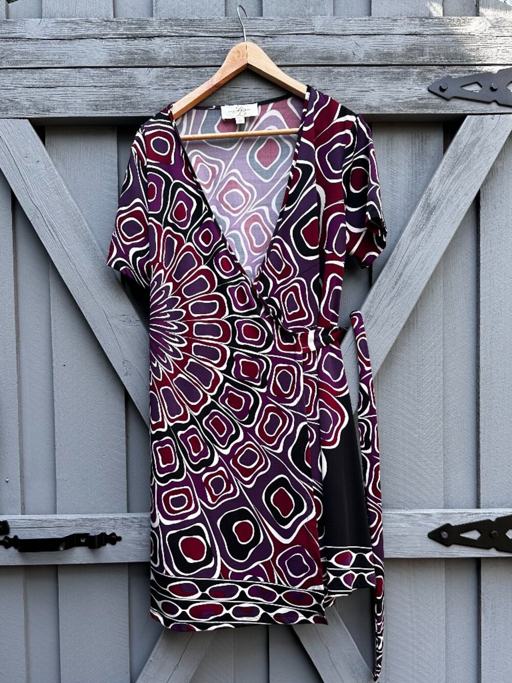 Julie Brown Marlina Wine Zulu Geometric Knit Short Slv Wrap Dress Size L
